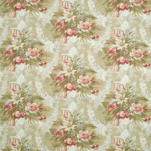 Fabric swatch of a green and pink floral bouquet design fabric for curtains and upholstery