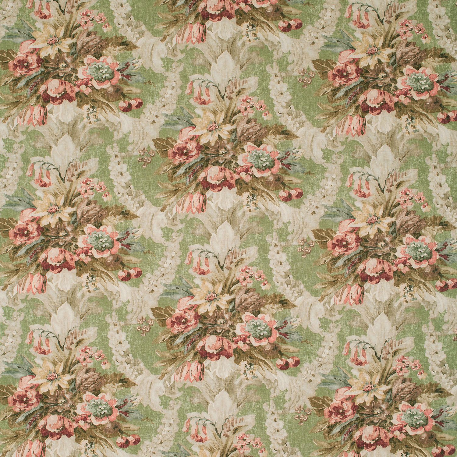 Fabric swatch of a green and pink floral bouquet design fabric for curtains and upholstery