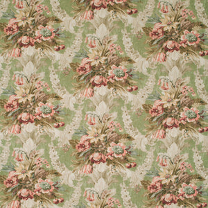 Fabric swatch of a green and pink floral bouquet design fabric for curtains and upholstery
