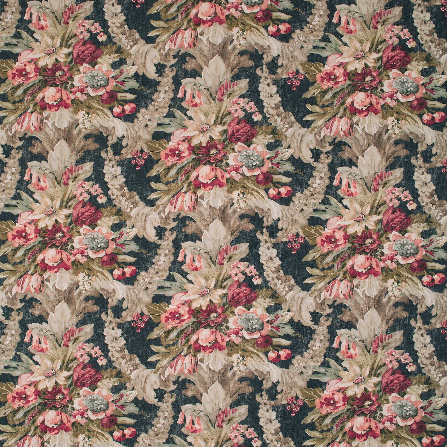 Fabric swatch of a dark blue and pink floral bouquet design fabric for curtains and upholstery
