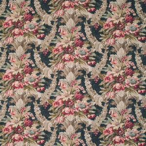 Fabric swatch of a dark blue and pink floral bouquet design fabric for curtains and upholstery
