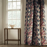Curtains in a large floral design fabric with blue and pink colours, printed in the UK