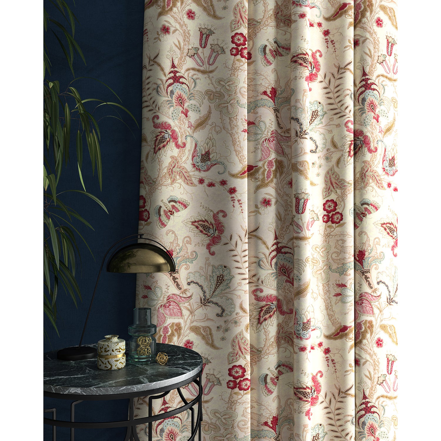 Curtain with a white fabric with pink and blue stylised floral design
