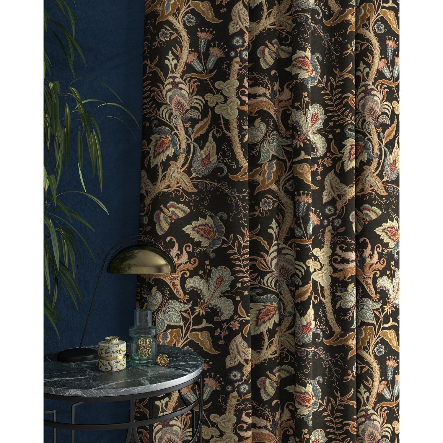 Curtain with a dark grey fabric with stylised floral design