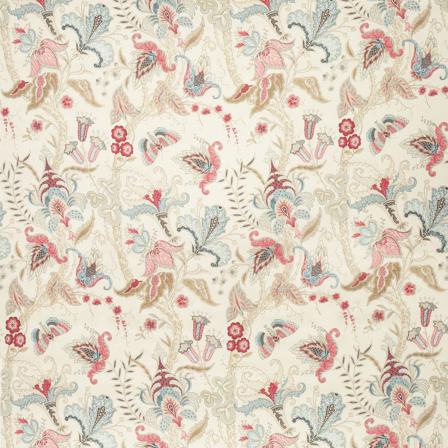 Fabric swatch of a white fabric with a pink and blue stylised floral design