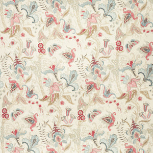 Fabric swatch of a white fabric with a pink and blue stylised floral design