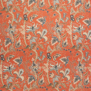 Fabric swatch of a orange fabric with a stylised floral design