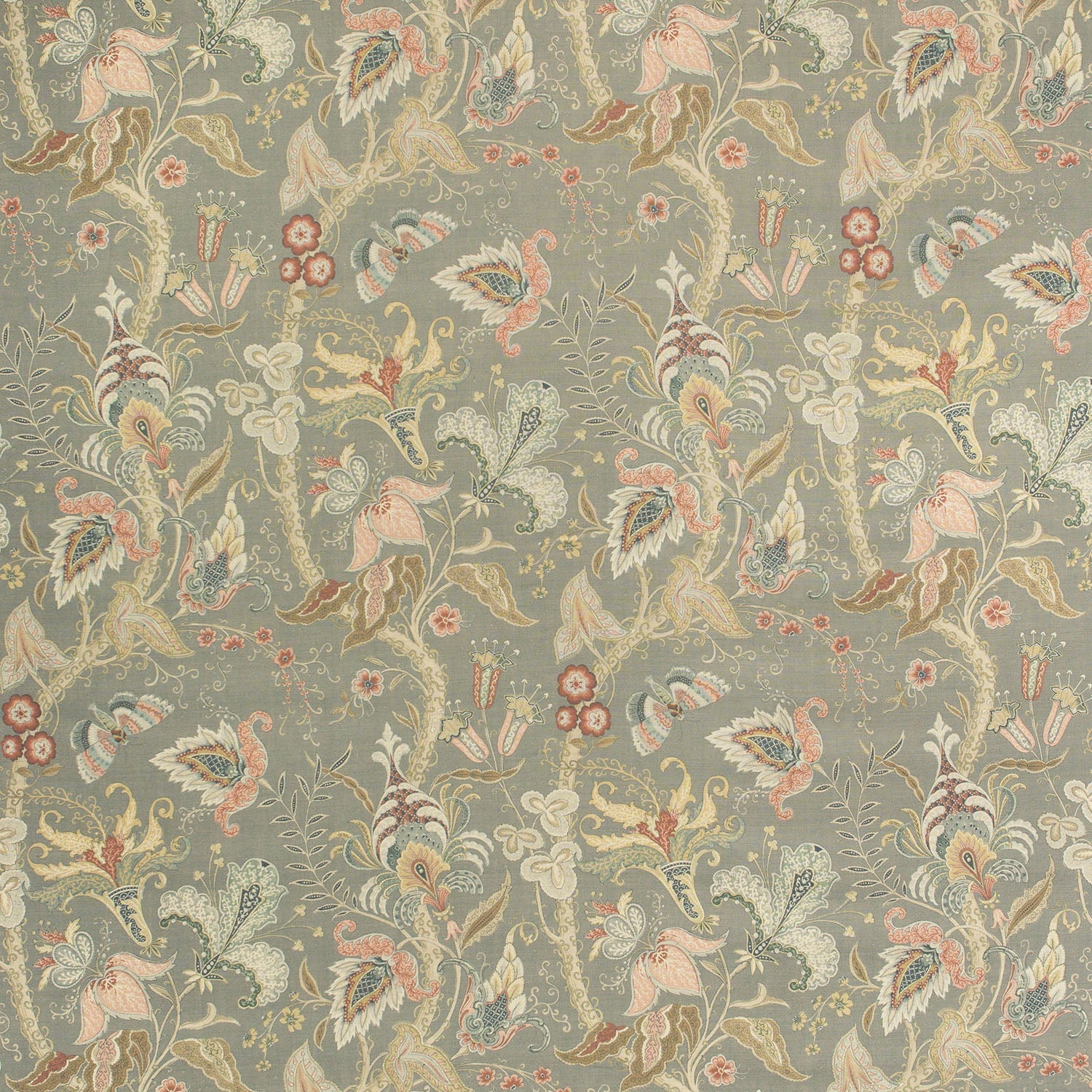Fabric swatch of grey fabric with stylised floral design