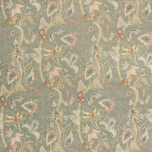 Fabric swatch of grey fabric with stylised floral design