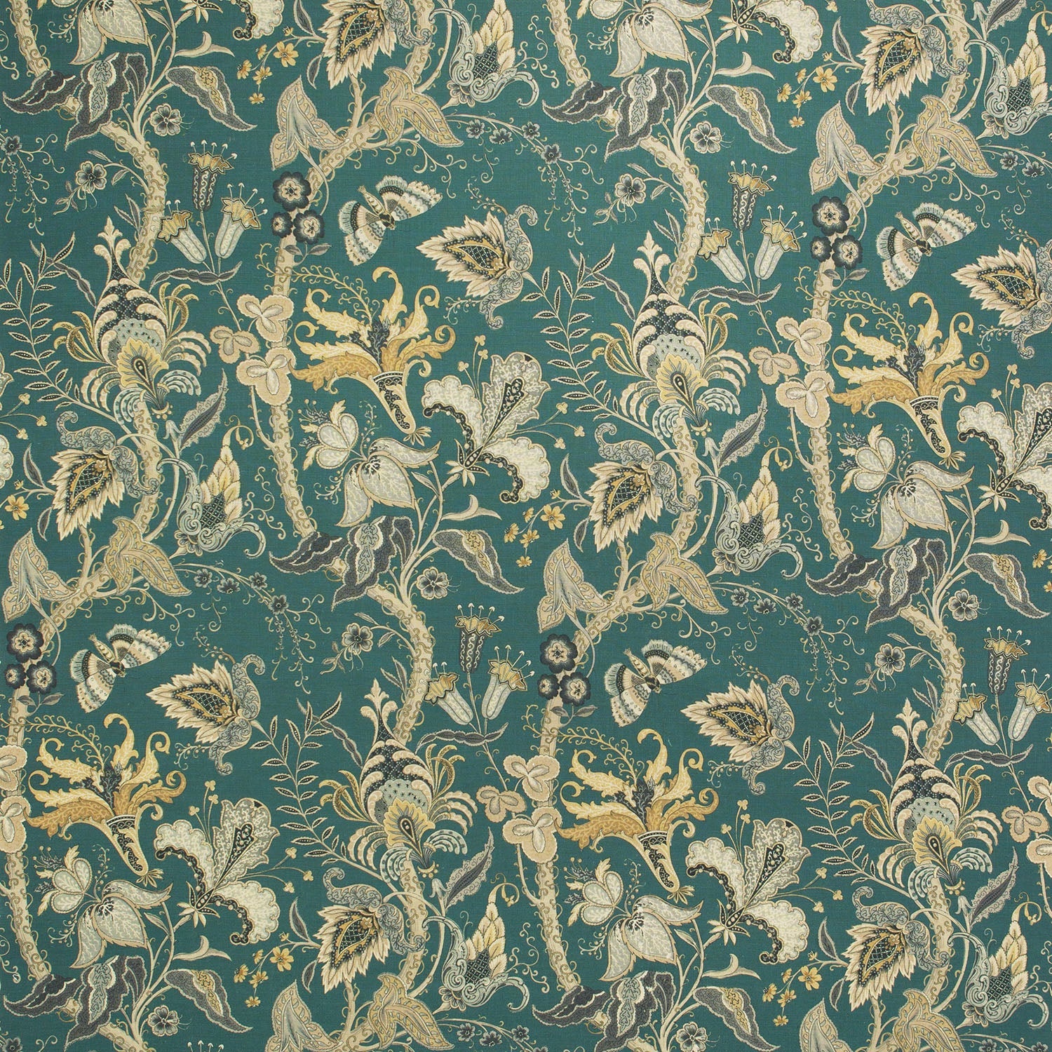 Fabric swatch of a blue fabric with stylised floral design