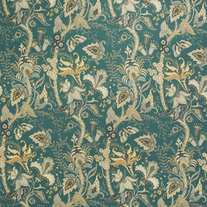 Fabric swatch of a blue fabric with stylised floral design