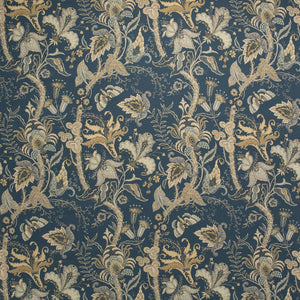 Fabric swatch of a blue fabric with stylised floral design