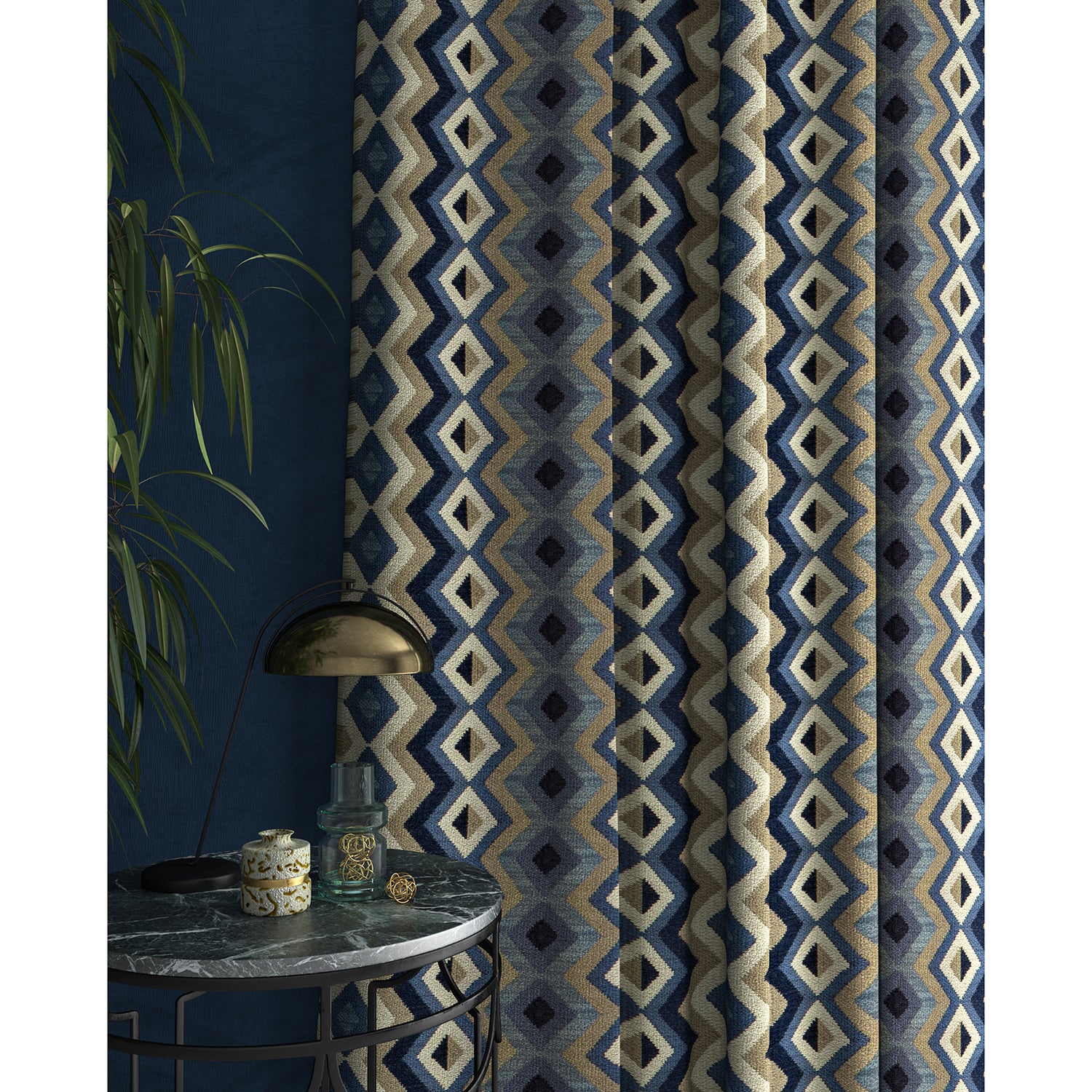 Curtain in a blue and neutral fabric with geometric Navajo inspired design