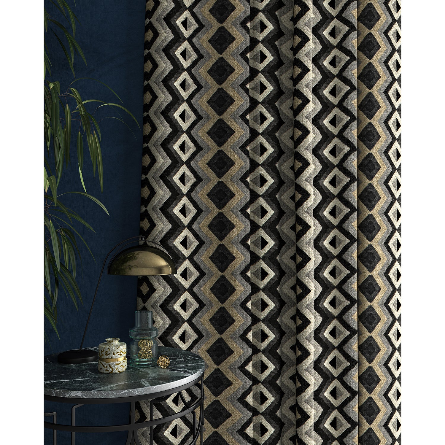 Curtain in a black and white fabric with geometric Navajo inspired design