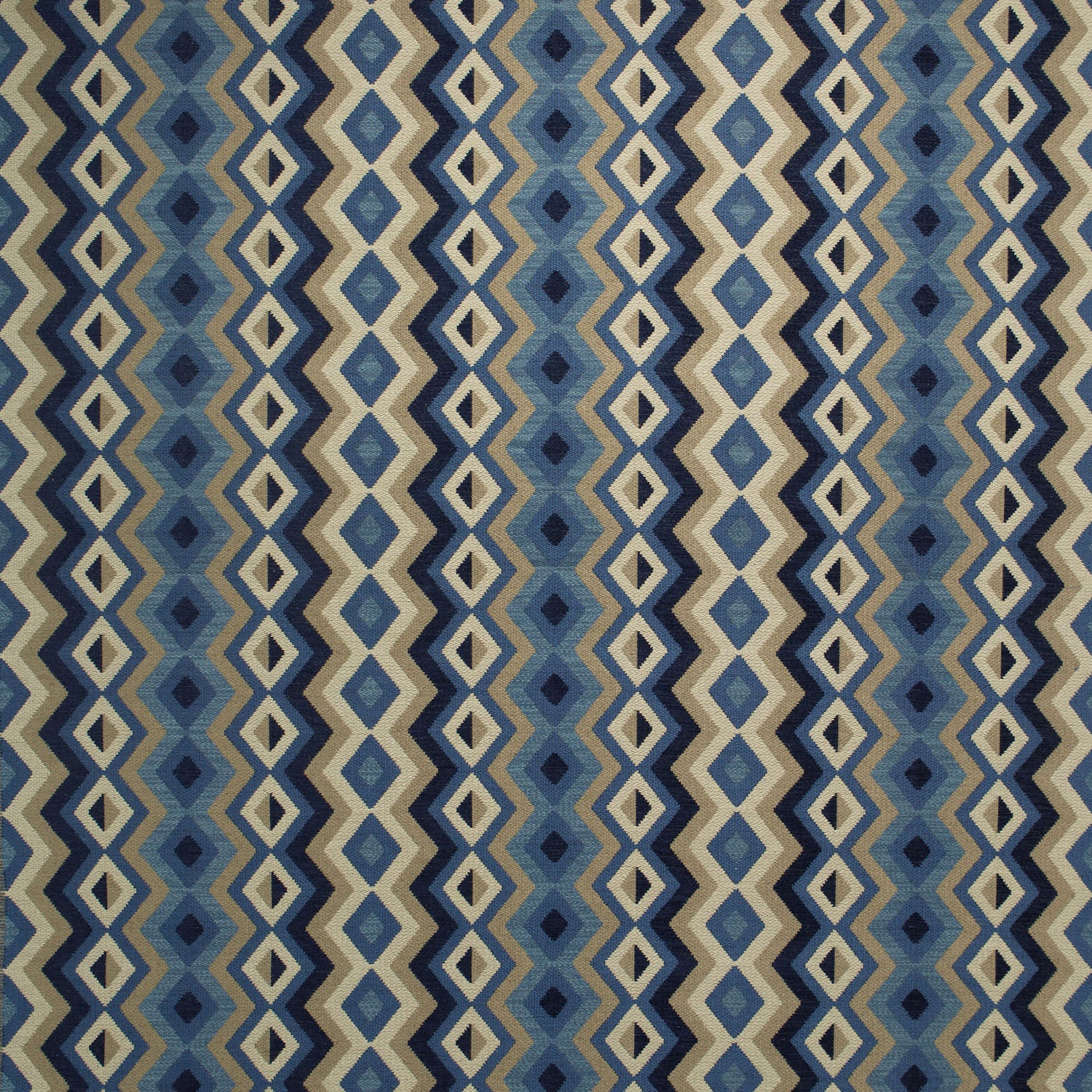 Fabric swatch of a blue and neutral fabric for curtains and upholstery with geometric Navajo inspired design