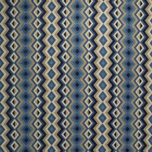 Fabric swatch of a blue and neutral fabric for curtains and upholstery with geometric Navajo inspired design
