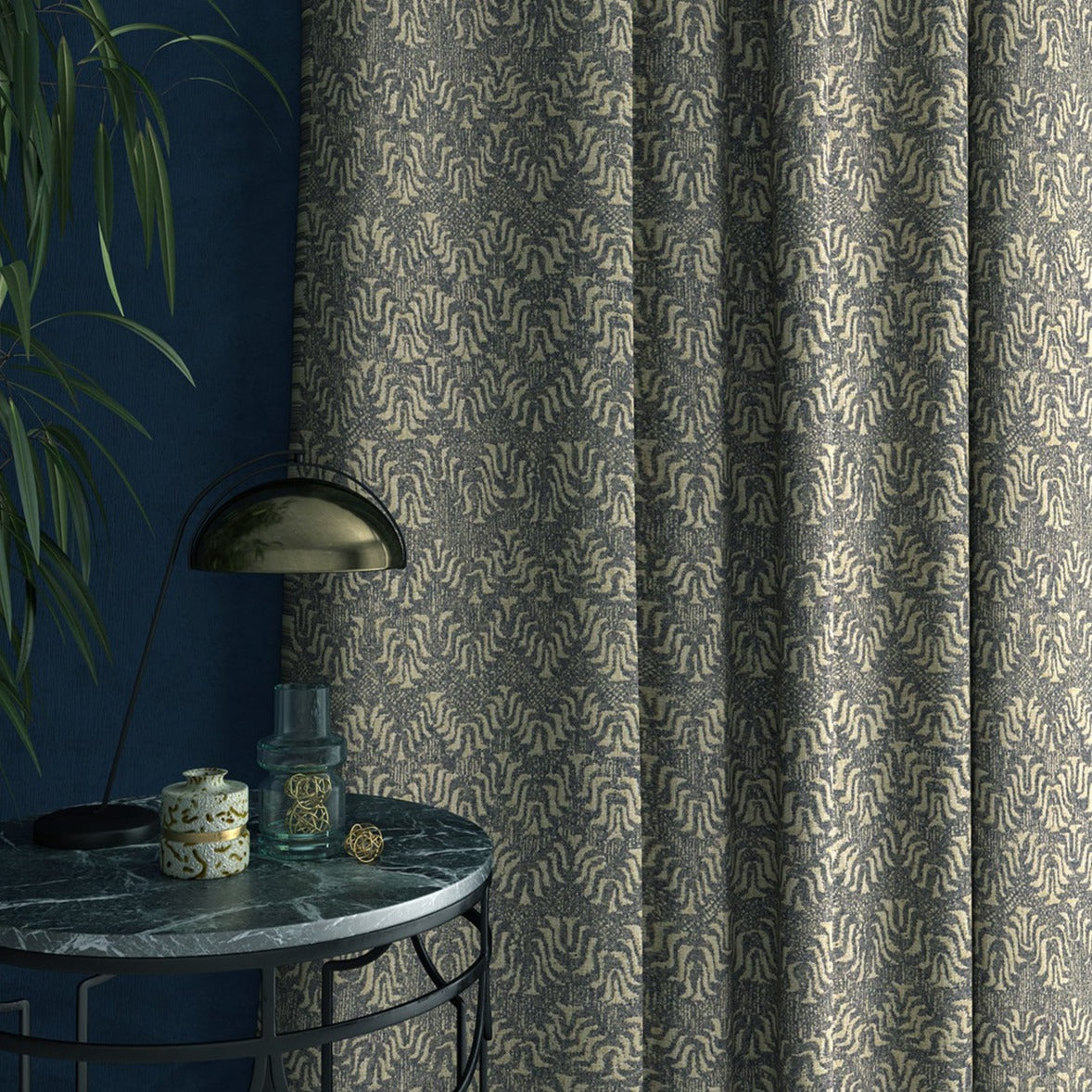 Curtain in a jacquard weave fabric in dark blue and neutral colours