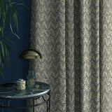 Curtain in a jacquard weave fabric in dark blue and neutral colours