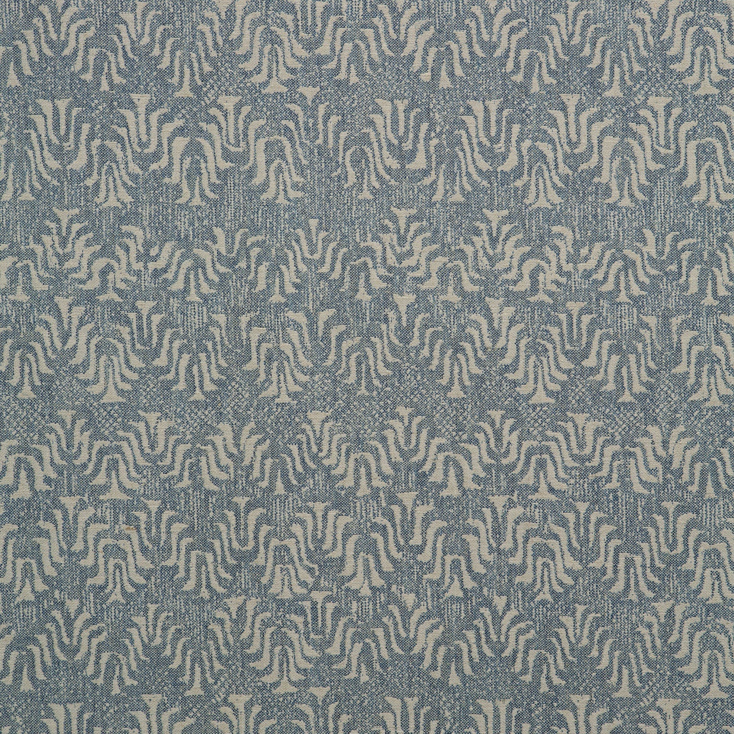 Fabric swatch of a blue and neutral jacquard weave fabric for curtains and upholstery