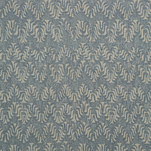 Fabric swatch of a blue and neutral jacquard weave fabric for curtains and upholstery