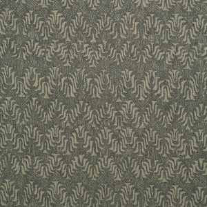 Fabric swatch of a dark grey and neutral jacquard weave fabric for curtains and upholstery