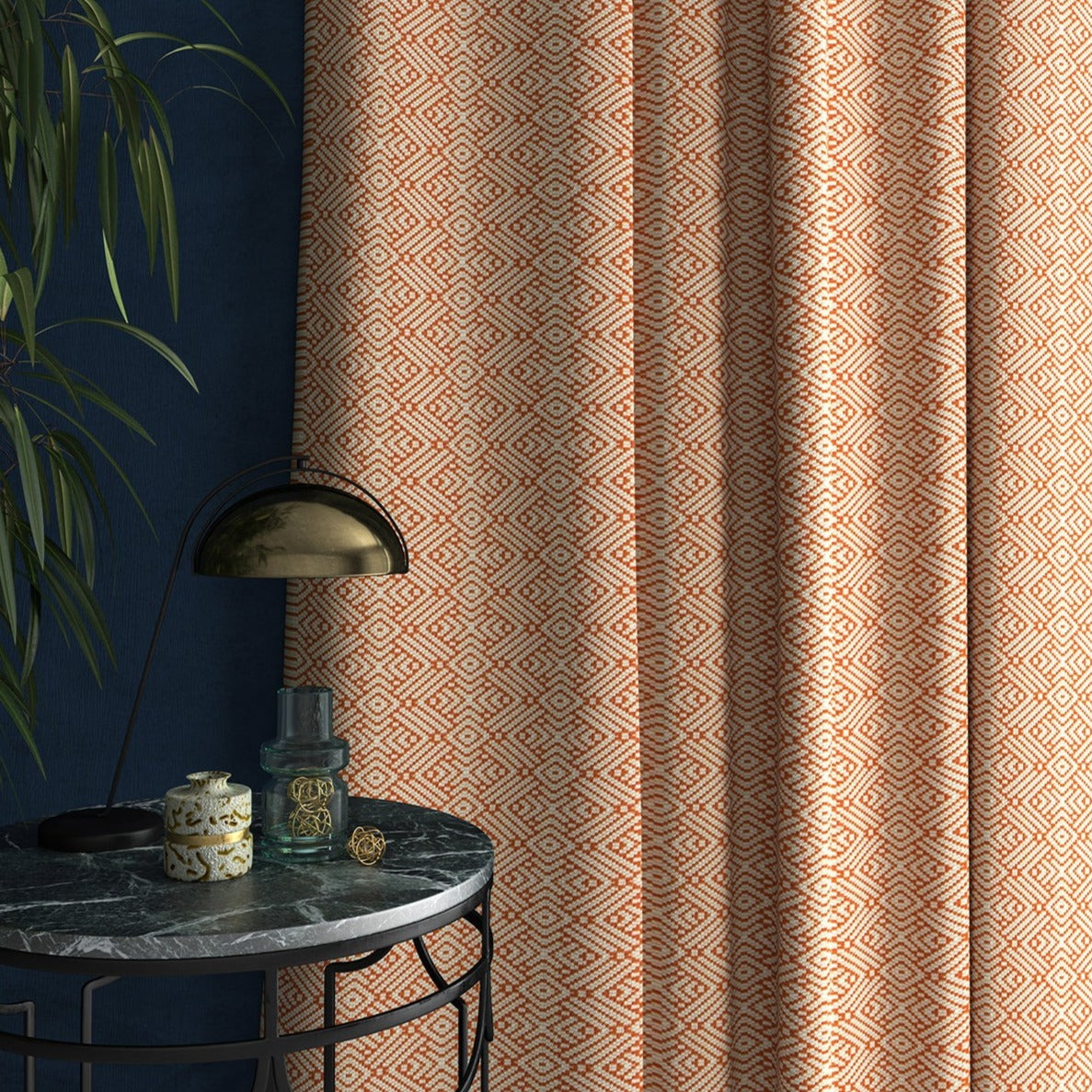 Curtains in a orange and white geometric weave fabric