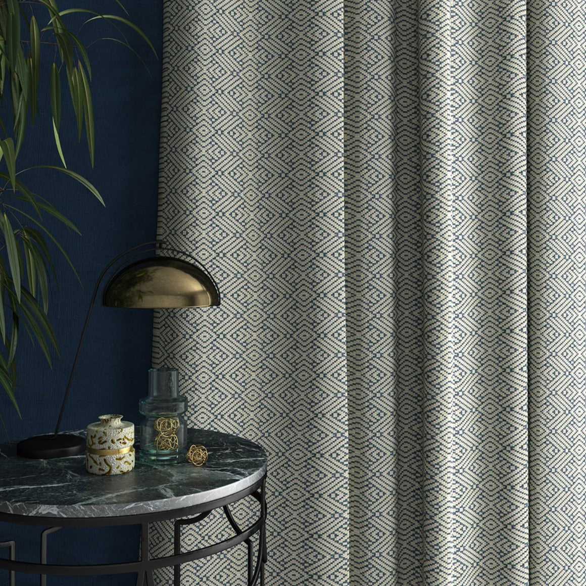 Curtains in a light blue and white geometric weave fabric