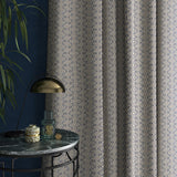 Curtains in a indigo blue geometric weave fabric
