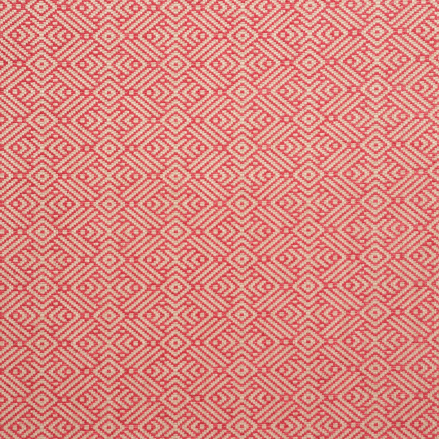 Fabric swatch of a pink and neutral geometric weave fabric for curtains and upholstery