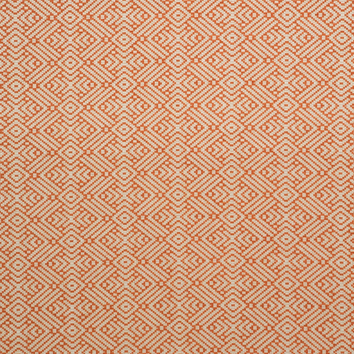 Fabric swatch of a orange and neutral geometric weave fabric for curtains and upholstery