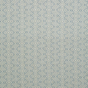 Fabric swatch of a blue and neutral geometric weave fabric for curtains and upholstery
