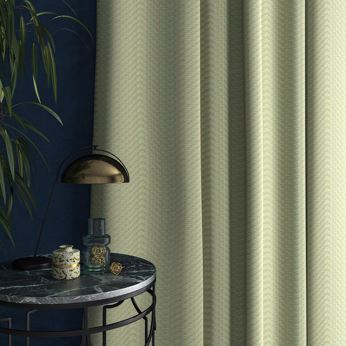 Curtain in a duck egg blue herringbone fabric