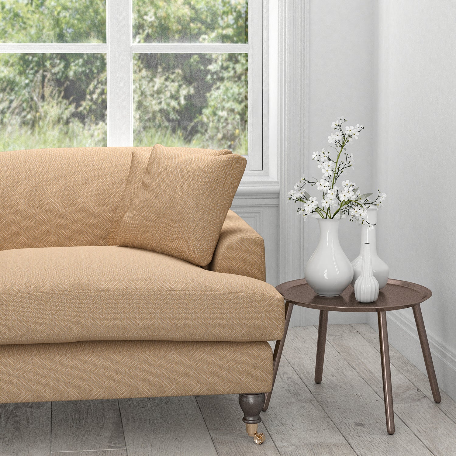 Sofa in a beige neutral fabric with a light neutral woven geometric design