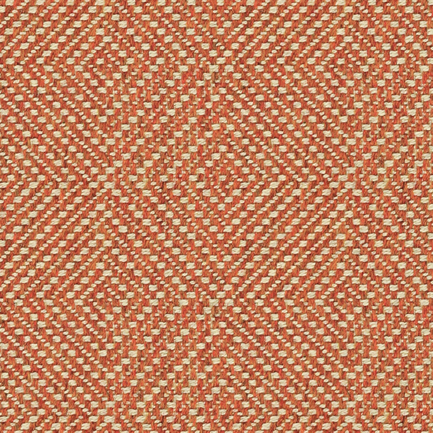 Orange fabric suitable for curtains and upholstery with a light neutral geometric woven design
