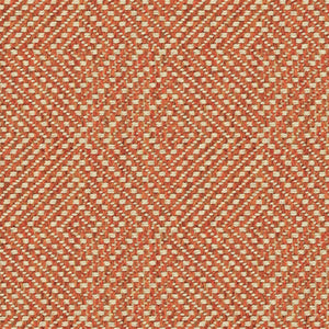 Orange fabric suitable for curtains and upholstery with a light neutral geometric woven design
