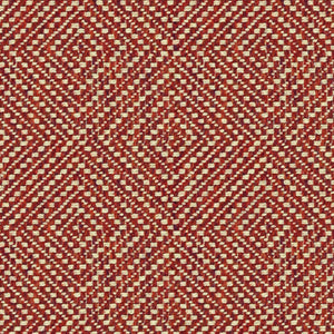 Raspberry red fabric suitable for curtains and upholstery with a light neutral woven geometric design