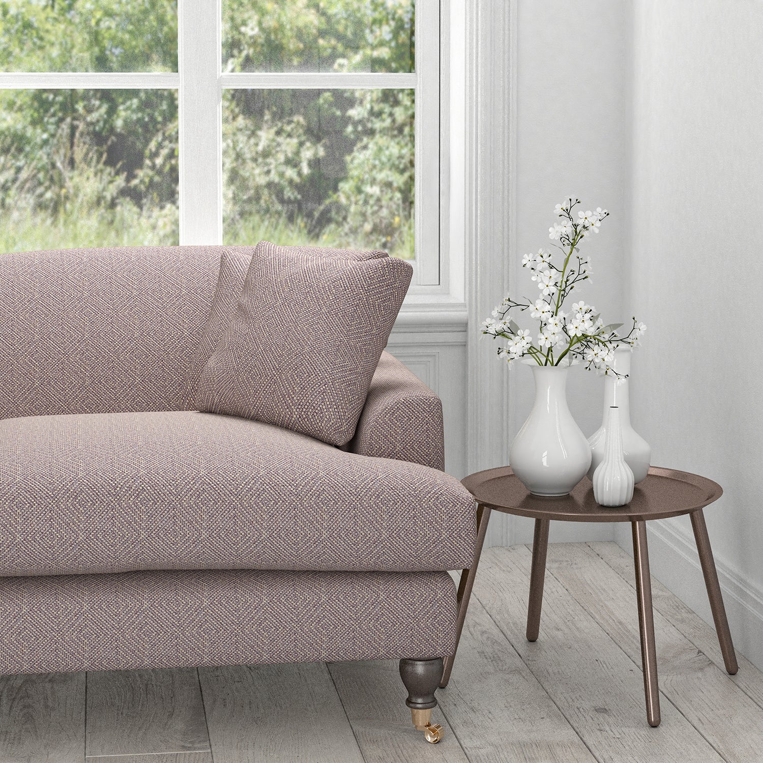 Sofa in a purple upholstery fabric with a light woven geometric design
