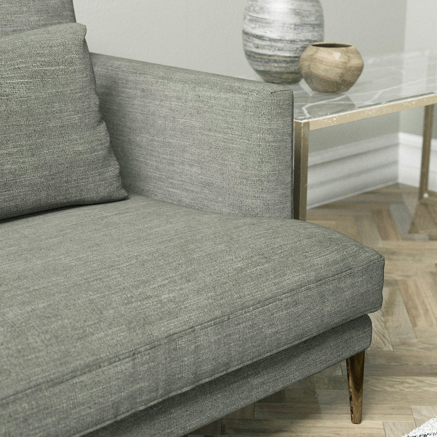 Sofa upholstered in a grey linen mix fabric