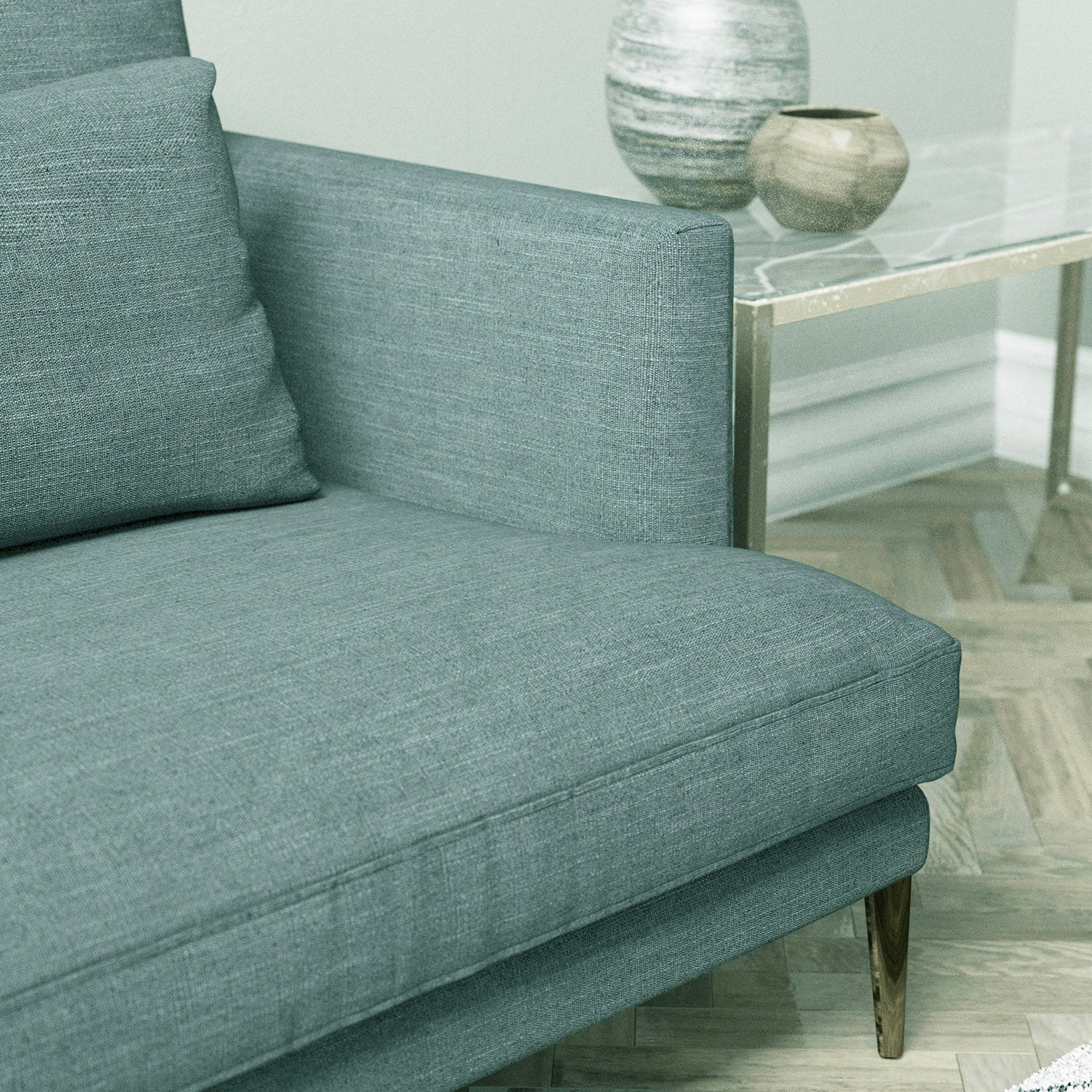 Sofa in a blue linen mix upholstery fabric