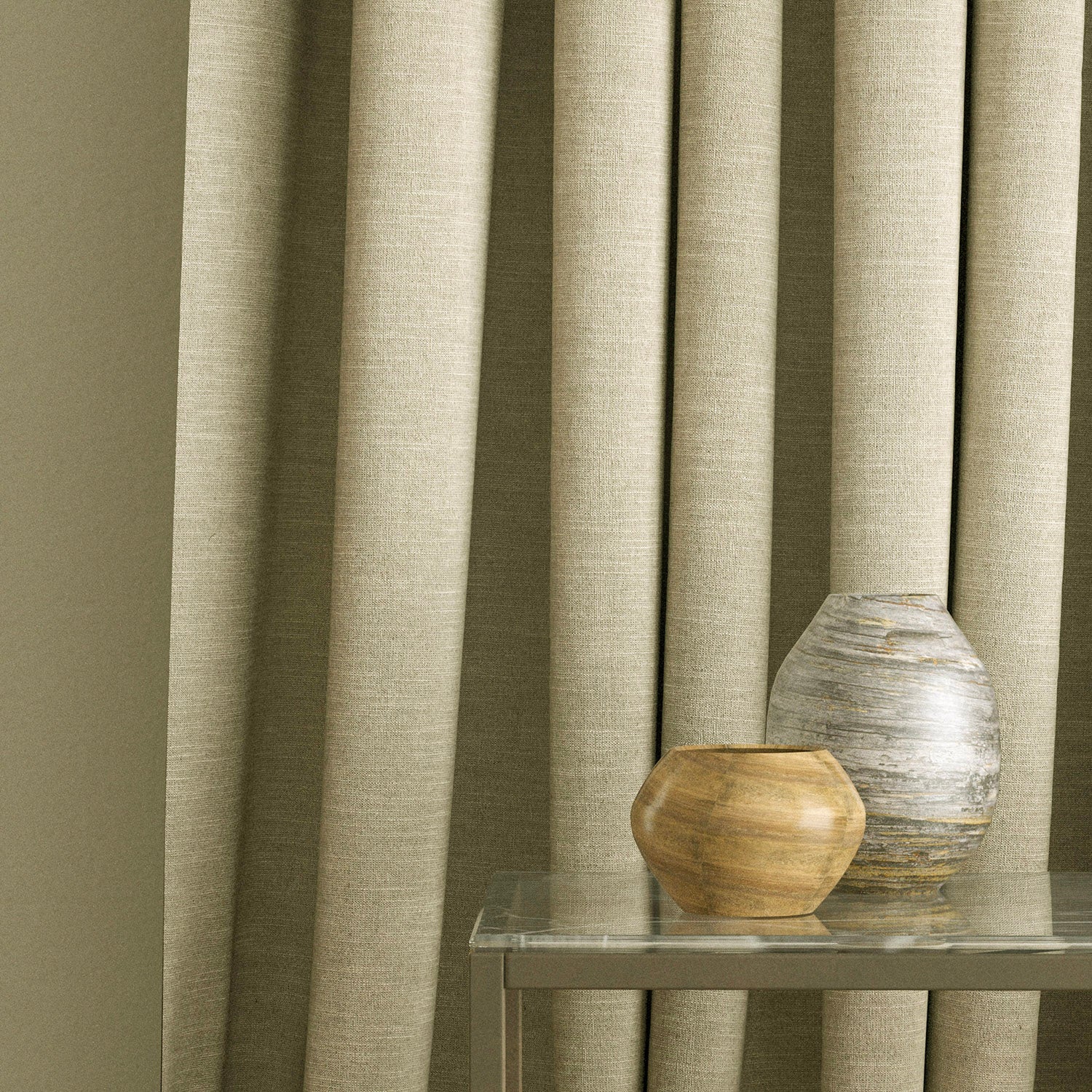 Curtains in a linen coloured plain fabric
