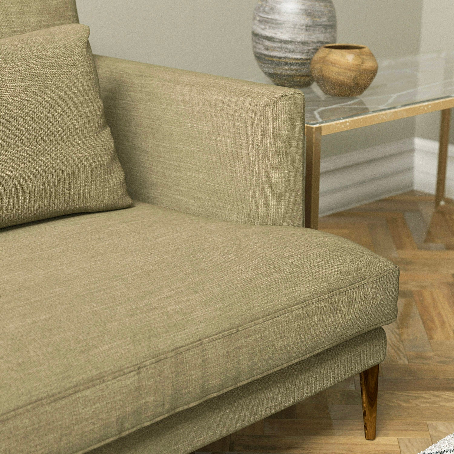 Sofa upholstered in a plain golden beige linen blend fabric