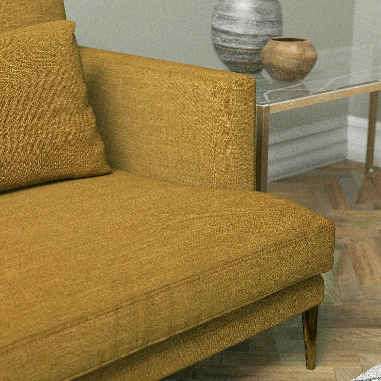 Sofa upholstered in a ochre yellow linen mix fabric