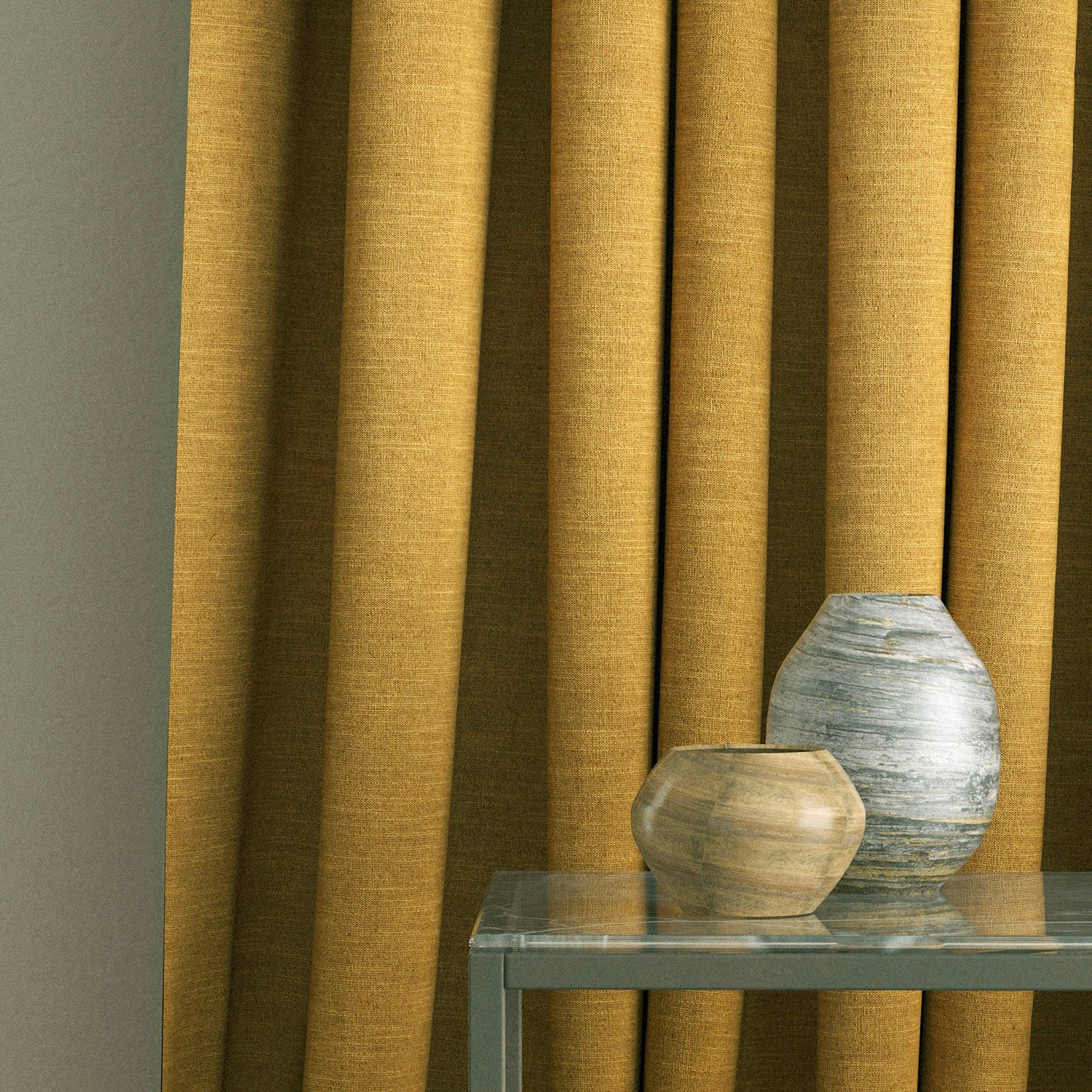 Curtain in a ochre yellow linen blend fabric