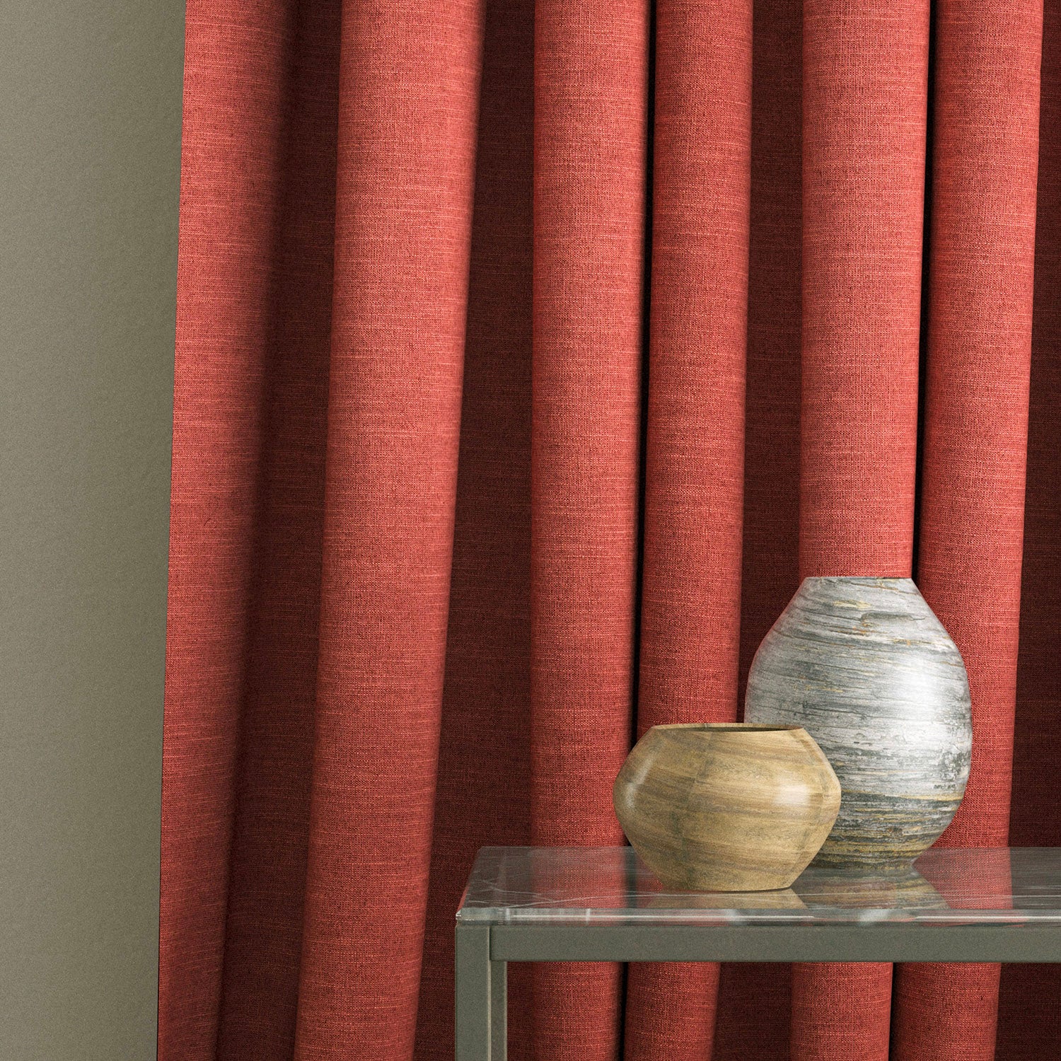 Curtain in a red linen mix fabric suitable for contract and domestic use