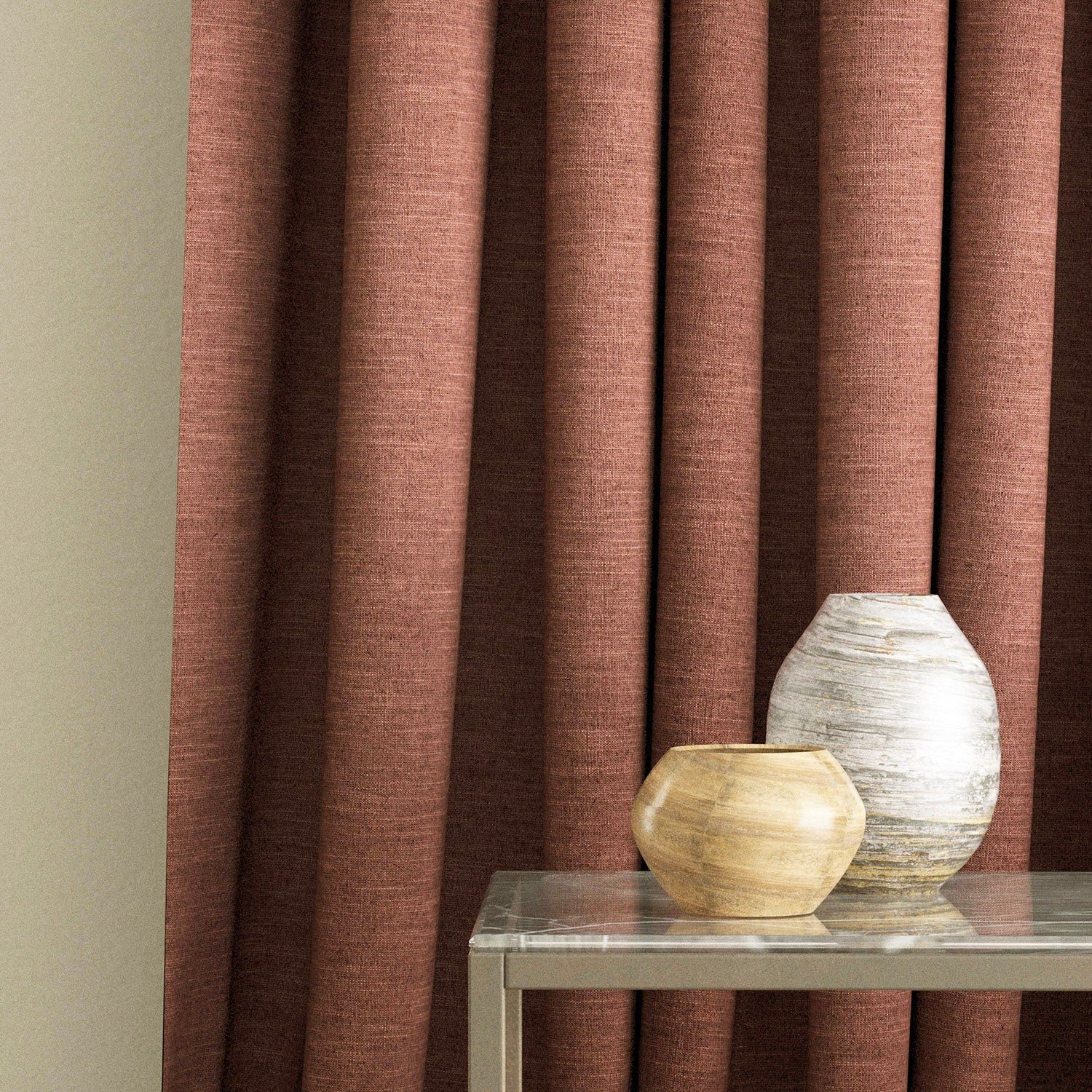 Curtain in a terracotta linen blend fabric