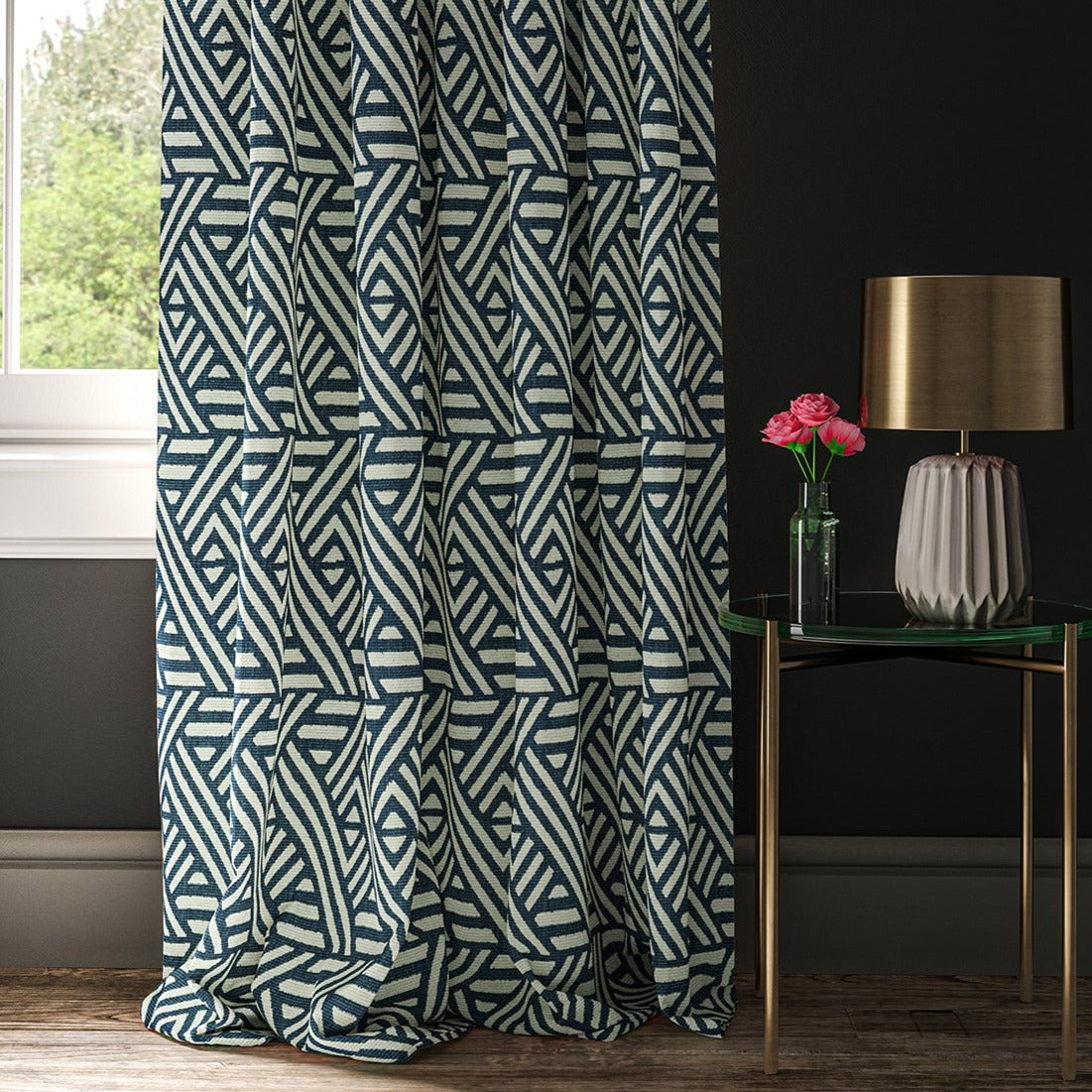 Curtain with a blue and white geometric print