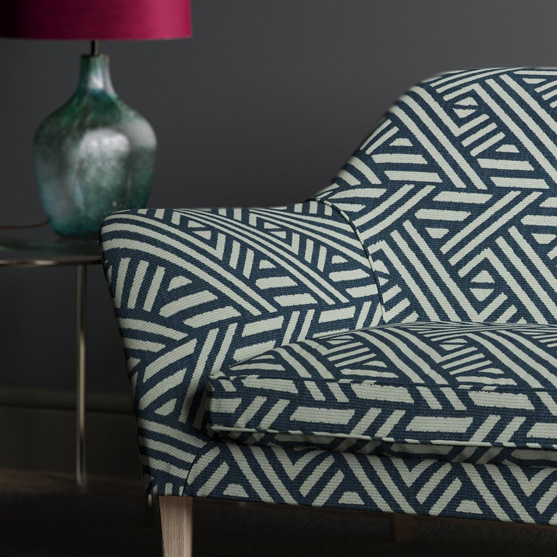 Sofa upholstered in design name Pampas, colourway Ocean from Tango