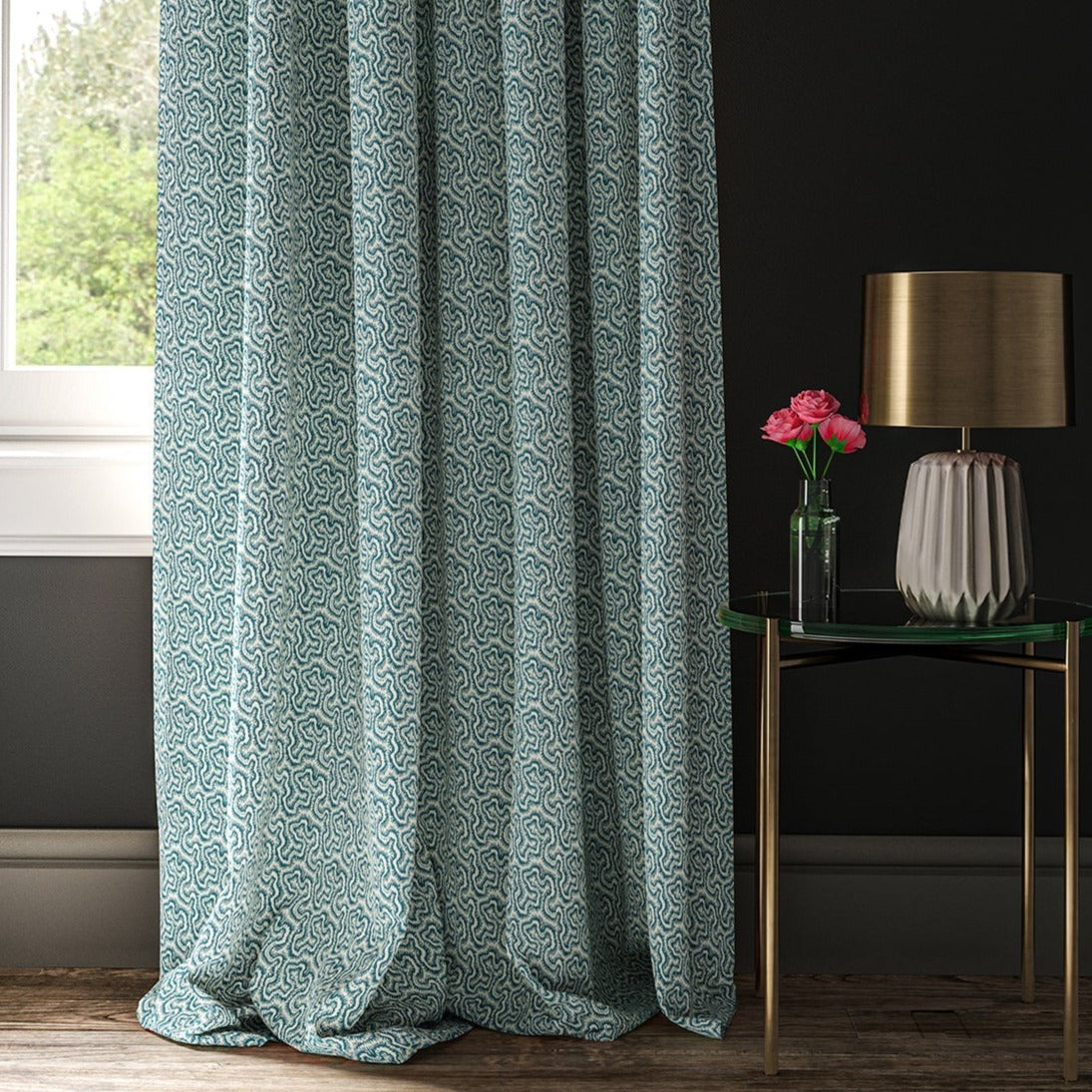 Curtain made with a blue and white wavy weave fabric.
