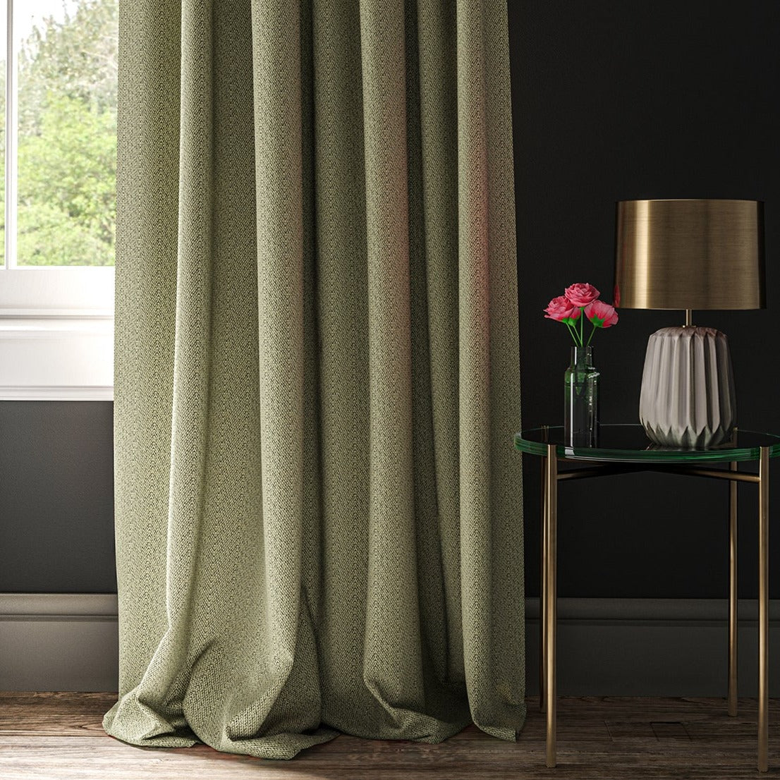 Curtain made with black and neutral geometric fabric.