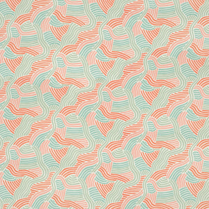 Sample of a contemporary wavy design in pastel pink and green on a linen fabric